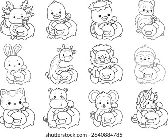 Outline of Cute wild animal vector icon. Lineart of Fluffy pet stickers.
outline of animals saving money in the Piggy bank