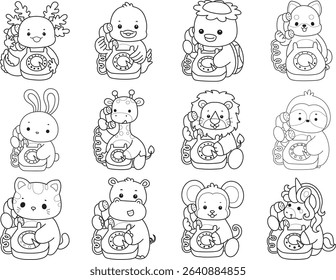 Outline of Cute wild animal vector icon. Lineart of Fluffy pet stickers.
outline of animals calling with telephone

