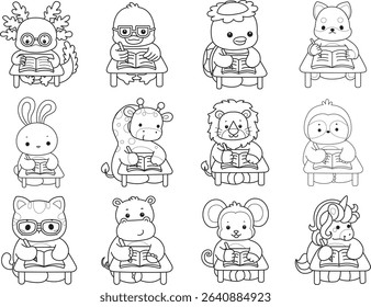 Outline of Cute wild animal vector icon. Lineart of Fluffy pet stickers.
outline of animals studying in the table
