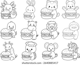 Outline of Cute wild animal vector icon. Lineart of Fluffy pet stickers.
outline of animals bring a burger
