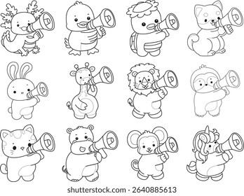 Outline of Cute wild animal vector icon. Lineart of Fluffy pet stickers.
outline of animals bring a loudspeaker
