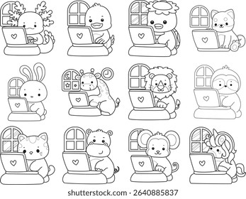 Outline of Cute wild animal vector icon. Lineart of Fluffy pet stickers.
outline of animals typing in the notepad
