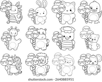 Outline of Cute wild animal vector icon. Lineart of Fluffy pet stickers.
outline of animals bring a three scoop of ice cream
