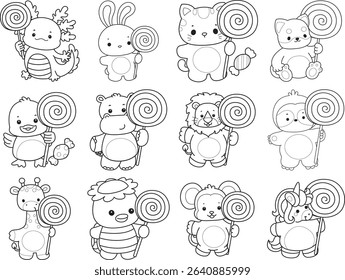 Outline of Cute wild animal vector icon. Lineart of Fluffy pet stickers.
outline of animals bring a big lollipop
