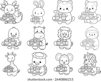 Outline of Cute wild animal vector icon. Lineart of Fluffy pet stickers.
outline of animals bring a three cupcakes 