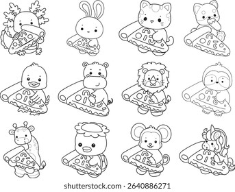 Outline of Cute wild animal vector icon. Lineart of Fluffy pet stickers.
outline of animals bring a pizza
