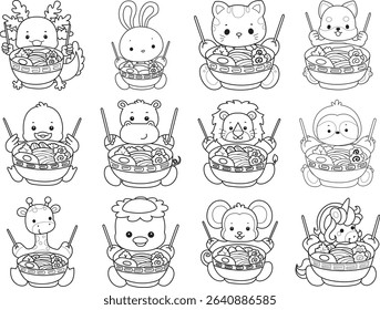 Outline of Cute wild animal vector icon. Lineart of Fluffy pet stickers. outline of animals want to eating noodles
