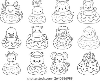 Outline of Cute wild animal vector icon. Lineart of Fluffy pet stickers.
outline of animals stuck in the doughnut
