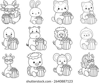 Outline of Cute wild animal vector icon. Lineart of Fluffy pet stickers.
outline of animals bring a popcorn
