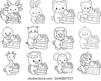 Outline of Cute wild animal vector icon. Lineart of Fluffy pet stickers.
outline of animals bring a slice of strawberry cake
