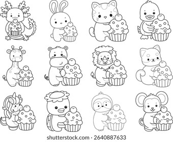 Outline of Cute wild animal vector icon. Lineart of Fluffy pet stickers.
outline of animals bring a cupcake
