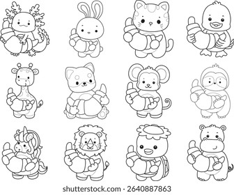 Outline of Cute wild animal vector icon. Coloring book of Fluffy pet stickers. outline of animals bring a bread
