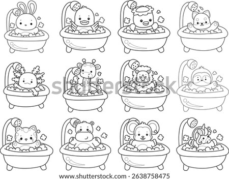 Outline of Cute wild animal vector icon. Lineart of Fluffy pet stickers.
outline of animals take a bath
