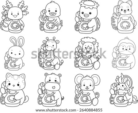 Outline of Cute wild animal vector icon. Lineart of Fluffy pet stickers.
outline of animals calling with telephone

