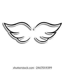 Outline Cute Wings on white silhouette and gray shadow. Vector illustration for decoration or any design.