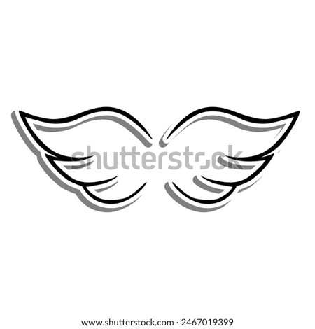 Outline Cute Wings on white silhouette and gray shadow. Vector illustration for decoration or any design.