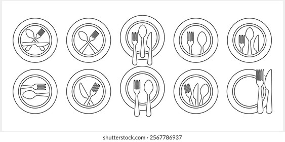 Outline cutlery fork spoon knife plate icon isolated Food clipart Vector stock illustration