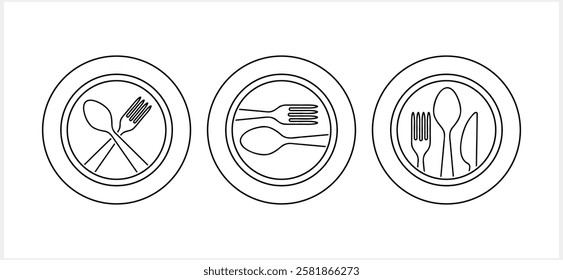 Outline cutlery fork spoon knife plate icon isolated Food clipart Vector stock illustration