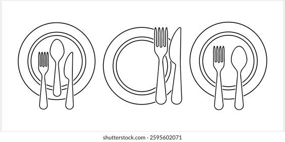 Outline cutlery fork spoon knife plate icon isolated Food clipart Vector stock illustration