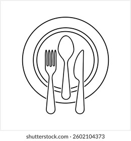 Outline cutlery fork spoon knife plate icon isolated Food clipart Vector stock illustration