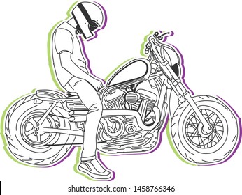 Outline cutout man trying a custom motorbike vector logo illustration