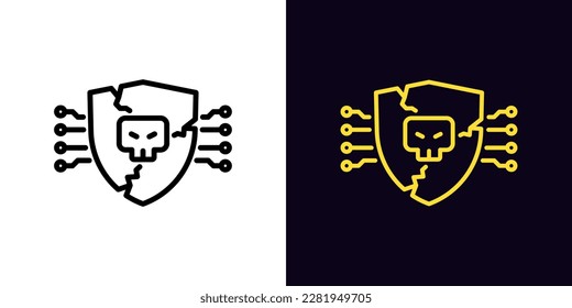 Icono de ataque cibernético de contorno, con trazo editable. Romper la protección del sistema. Escudo destruido con cráneo, daño y grietas. Datos de hackeo, ciberataque, riesgo de hackeo, peligro de ataque DDoS. Icono de vector