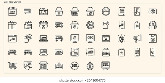 Outline Cyber Monday and E-commerce Shopping Icons for Online Promotions