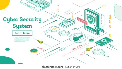 Outline Cyber Security Concept. Isometric Illustration Isolated on White. Data Protection Concept. Credit Card Check and Software Access Data as Confidential. Vector Illustration.