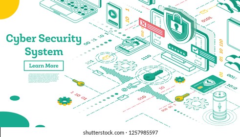 Outline Cyber Security Concept. Isometric Illustration Isolated on White. Data Protection Concept. Credit Card Check and Software Access Data as Confidential. Vector Illustration.