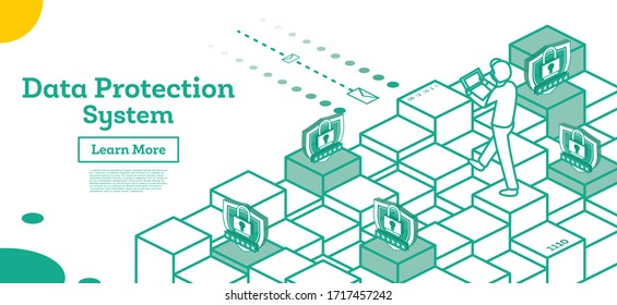 Outline Cyber Security Concept. Isometric Illustration Isolated on White. Data Protection Concept. Vector Illustration.