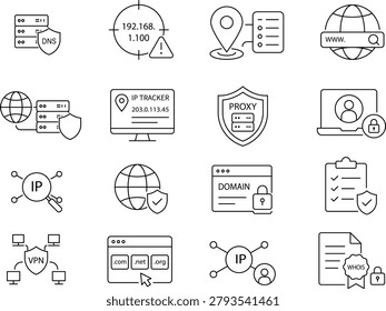 Outline cybersecurity icon set illustrating DNS protection, IP tracking, proxy security, domain management, VPN, and compliance.