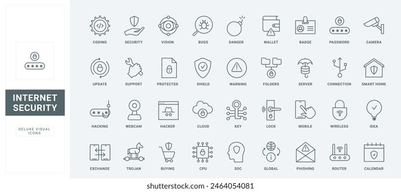 Outline cybersecurity support symbols, shield from computer virus of hacker and fraud, phishing and bugs. Internet security, data protection thin black and red line icons set vector illustration