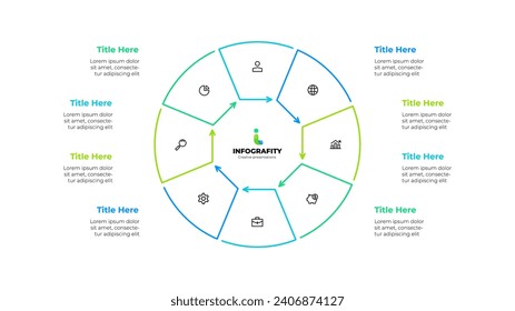 Outline cycle diagram divided into 8 sectors. Design concept of eight steps or parts of business cycle. Infographic design template