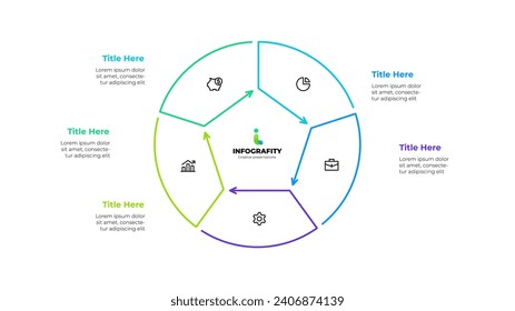 Diagrama del ciclo de esquema dividido en 5 sectores. Concepto de diseño de cinco pasos o partes del ciclo económico. Plantilla de diseño de infografía