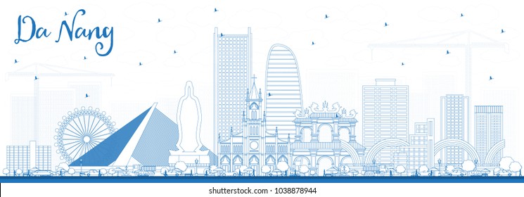 Outline Da Nang Vietnam City Skyline with Blue Buildings. Vector Illustration. Business Travel and Tourism Concept with Modern Architecture. Da Nang Cityscape with Landmarks.