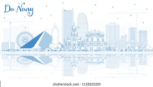 Outline Da Nang Vietnam City Skyline with Blue Buildings and Reflections. Vector Illustration. Business Travel and Tourism Concept with Modern Architecture. Da Nang Cityscape with Landmarks.