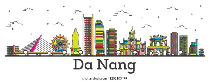 Outline Da Nang Vietnam City Skyline with Color Buildings Isolated on White. Vector Illustration. Da Nang Cityscape with Landmarks.