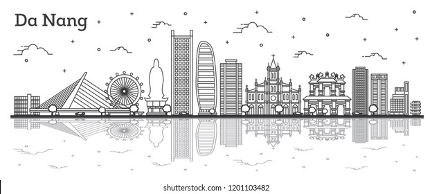 Outline Da Nang Vietnam City Skyline with Historic Buildings and Reflections Isolated on White. Vector Illustration. Da Nang Cityscape with Landmarks.