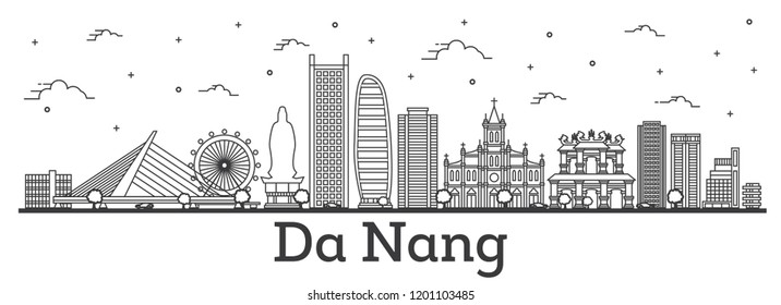 Outline Da Nang Vietnam City Skyline with Historic Buildings Isolated on White. Vector Illustration. Da Nang Cityscape with Landmarks.