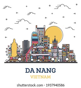 Outline Da Nang Vietnam City Skyline with Colored Historic Buildings Isolated on White. Vector Illustration. Da Nang Cityscape with Landmarks.