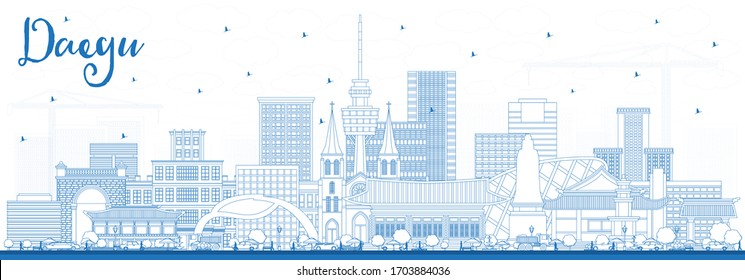 Outline Daegu South Korea City Skyline with Blue Buildings. Vector Illustration. Business Travel and Tourism Concept with Historic and Modern Architecture. Daegu Cityscape with Landmarks.