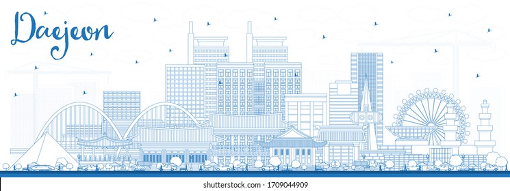 Outline Daejeon South Korea City Skyline with Blue Buildings. Vector Illustration. Business Travel and Tourism Concept with Historic and Modern Architecture. Daejeon Cityscape with Landmarks.