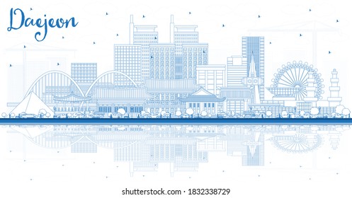 Outline Daejeon South Korea City Skyline with Blue Buildings and Reflections. Vector Illustration. Business Travel and Tourism Concept with Historic and Modern Architecture. Daejeon Cityscape.