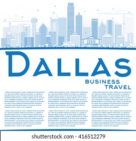 Outline Dallas Skyline with Blue Buildings and Copy Space. Vector Illustration. Business Travel and Tourism Concept with Modern Buildings. Image for Presentation Banner Placard and Web Site.