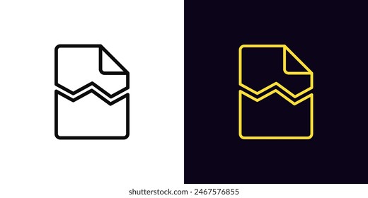 Outline damaged file icon, with editable stroke. Broken document sign with crack. Damaged system file, hack and destroy data, breach contract and agreement, document error, cyber threat. Vector icon