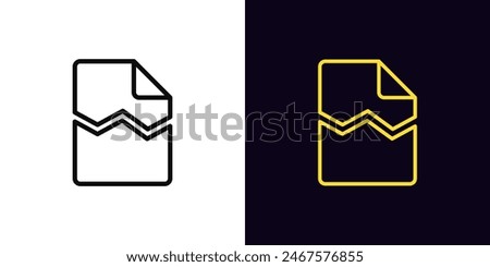 Outline damaged file icon, with editable stroke. Broken document sign with crack. Damaged system file, hack and destroy data, breach contract and agreement, document error, cyber threat. Vector icon