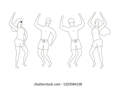 Outline dancing people vector illustration. Man and woman having summer fun.
