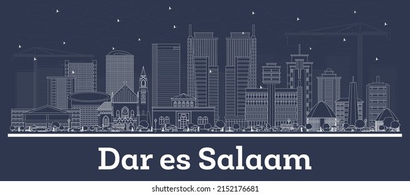 Outline Dar Es Salaam Tanzania City Skyline with White Buildings. Vector Illustration. Business Travel and Tourism Concept with Modern Architecture.  Dar Es Salaam Cityscape with Landmarks.