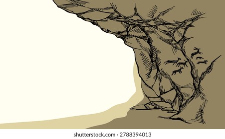 Outline dark black paint hand drawn grunge retro past Archaic Africa era coal line cavern grotto nature life horn goat body horse herd figure shape white sky view. Early cro magnon hunter ethnic cult scene doodle cartoon artist work pattern backdrop