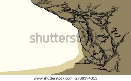 Outline dark black paint hand drawn grunge retro past Archaic Africa era coal line cavern grotto nature life horn goat body horse herd figure shape white sky view. Early cro magnon hunter ethnic cult scene doodle cartoon artist work pattern backdrop